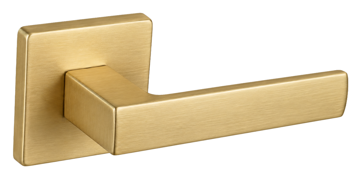 A modern lever-style door handle with a square backplate in a brushed brass/gold finish, shown on a plain white background.