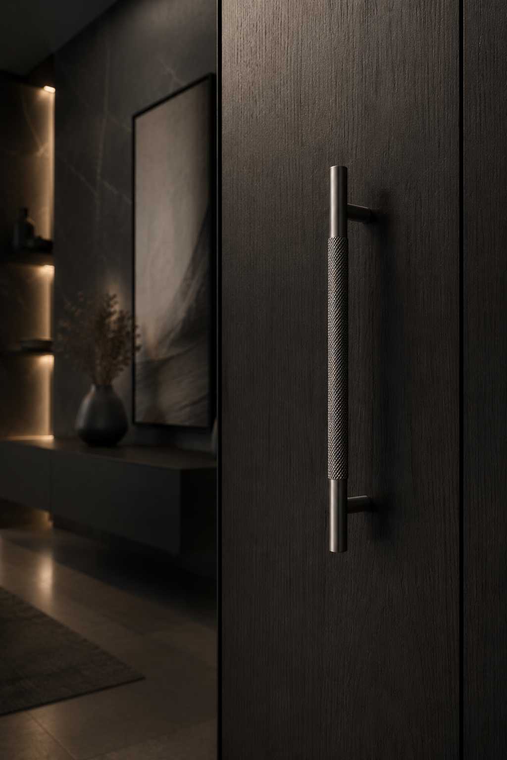 A modern, long vertical brushed metal door handle with a textured grip, mounted on a dark wood cabinet door in a contemporary, dimly lit interior hallway.