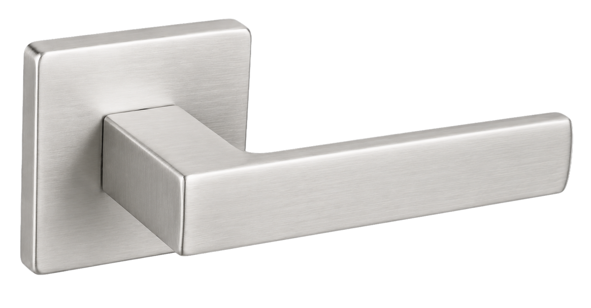 A modern lever-style door handle with a brushed satin finish, mounted on a square backplate, shown against a solid black background.