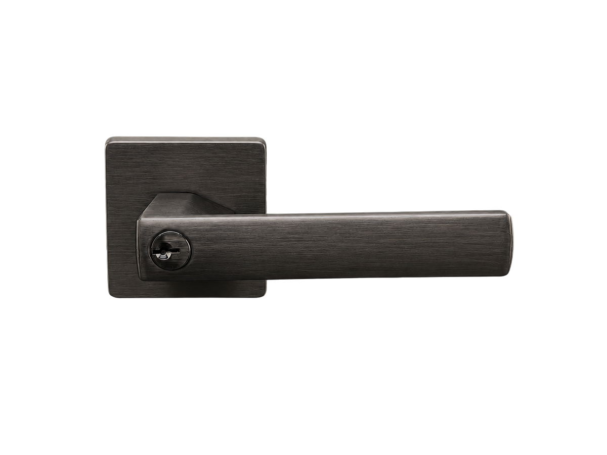 A modern lever handle with a square backplate, finished in a dark gunmetal or matte black brushed metal, shown against a plain white background.