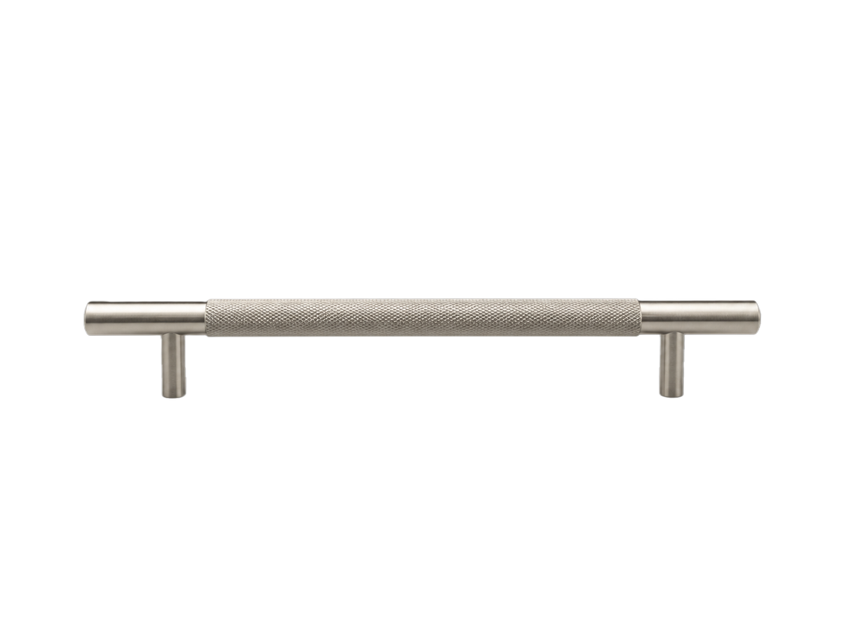 A modern horizontal cabinet pull handle with a brushed nickel finish and a textured grip in the center, shown against a plain white background.