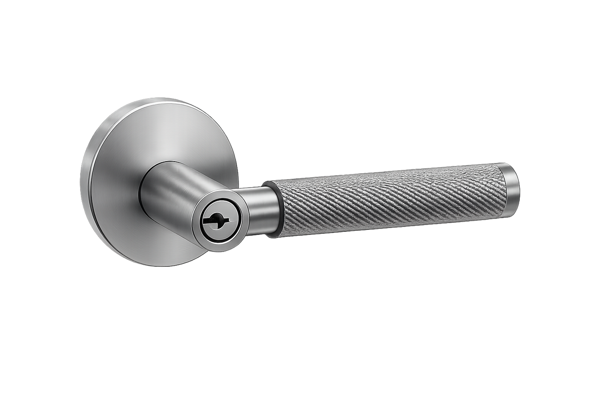 Stainless steel door handle with textured grip on a white background